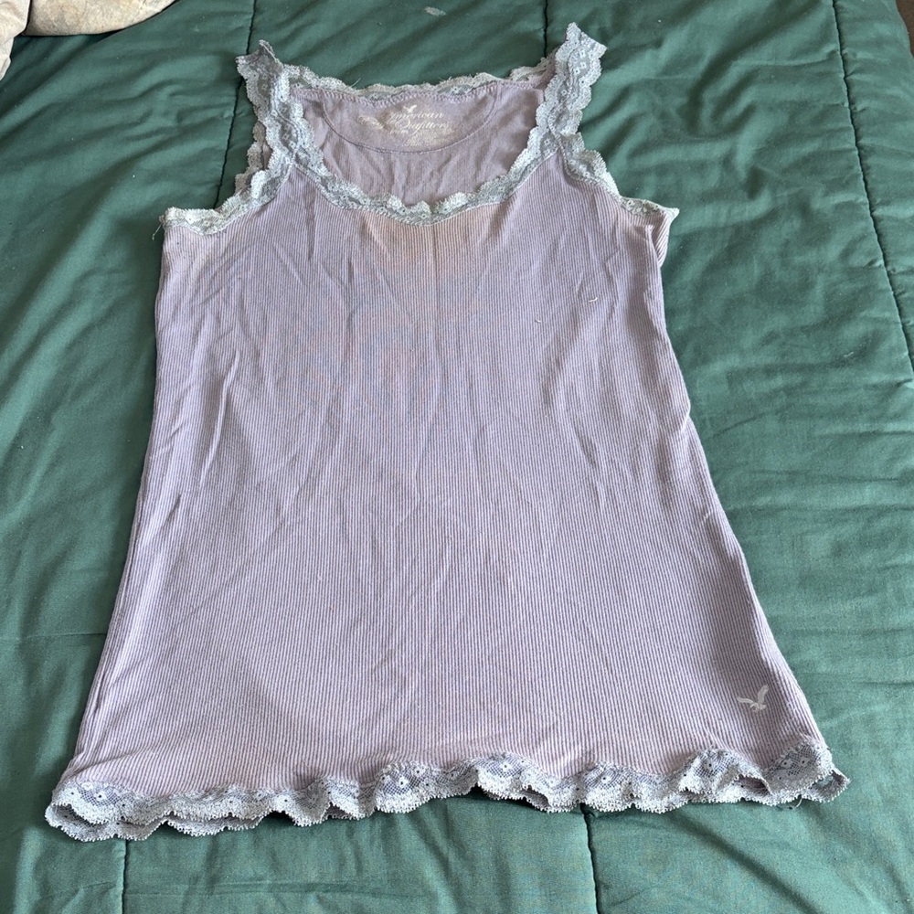 American Eagle Outfitters Ribbed Gray Lace Trim Tank